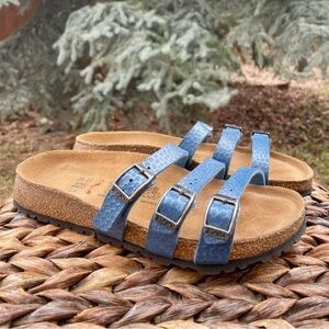 Birkenstock Blue Snake Print Birki’s 3 Strap Leather Slide Sandal. EU size 35
